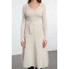 Women Fashion Stylish Midi Length V Neck Regular Knitwear Belted Flounce Dress