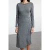 Womens Fashion Stylish Midi Length Crew Neck Regular Knitwear Soft Texture Double Breasted Skirt Detail Dress