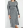 Womens Fashion Stylish Midi Length Crew Neck Regular Knitwear Soft Texture Double Breasted Skirt Detail Dress
