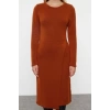 Womens Fashion Stylish Midi Length Crew Neck Regular Knitwear Soft Texture Double Breasted Skirt Detail Dress