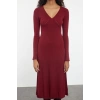Women Fashion Stylish Midi Length V Neck Regular Knitwear Ruffle Hem Dress