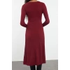 Women Fashion Stylish Midi Length V Neck Regular Knitwear Ruffle Hem Dress