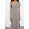 Women Fashion Stylish Midi Length V Neck Regular Knitwear Ruffle Hem Dress