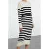 Women Fashion Stylish Midi Length Crew Neck Regular Striped Knitwear Soft Texture Dress