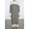 Women Fashion Stylish Midi Length Crew Neck Regular Striped Knitwear Soft Texture Dress