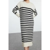 Women Fashion Stylish Midi Length Crew Neck Regular Striped Knitwear Soft Texture Dress