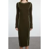 Women Fashion Stylish Midi Length Crew Neck Slim Knit Color Block Dress