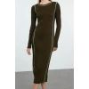 Women Fashion Stylish Midi Length Crew Neck Slim Knit Color Block Dress