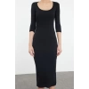 Kadın Moda Maxi Boy Havuz Yaka Slim Fitted Vücuda Oturan Uzun Kollu Bisiklet Yaka Esnek Örme Elbise
