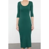 Kadın Moda Maxi Boy Havuz Yaka Slim Fitted Vücuda Oturan Uzun Kollu Bisiklet Yaka Esnek Örme Elbise