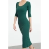 Kadın Moda Maxi Boy Havuz Yaka Slim Fitted Vücuda Oturan Uzun Kollu Bisiklet Yaka Esnek Örme Elbise