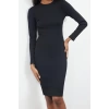 Women Fashion Stylish Midi Length Stand Collar Slim Fitted Long Sleeve Ribbed Stretchy Knit Dress