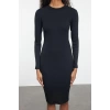 Women Fashion Stylish Midi Length Stand Collar Slim Fitted Long Sleeve Ribbed Stretchy Knit Dress