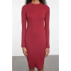 Women Fashion Stylish Midi Length Stand Collar Slim Fitted Long Sleeve Ribbed Stretchy Knit Dress
