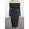 Women Fashion Midi Length Carmen Collar Slim Black 001 Striped Fitted Body Fitting Elastic Knitted Dress