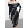 Women Fashion Midi Length Carmen Collar Slim Black 001 Striped Fitted Body Fitting Elastic Knitted Dress