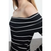 Women Fashion Midi Length Carmen Collar Slim Black 001 Striped Fitted Body Fitting Elastic Knitted Dress