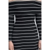 Women Fashion Midi Length Carmen Collar Slim Black 001 Striped Fitted Body Fitting Elastic Knitted Dress