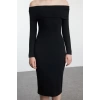 Women Fashion Midi Length Carmen Collar Slim Black 001 Striped Fitted Body Fitting Elastic Knitted Dress