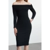 Women Fashion Midi Length Carmen Collar Slim Black 001 Striped Fitted Body Fitting Elastic Knitted Dress