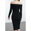 Women Fashion Midi Length Carmen Collar Slim Black 001 Striped Fitted Body Fitting Elastic Knitted Dress