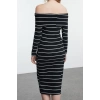 Women Fashion Midi Length Carmen Collar Slim Black 001 Striped Fitted Body Fitting Elastic Knitted Dress