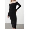 Women Fashion Stylish Maxi Length Carmen Collar Slim Plain Bodycone Fitted Flexible Knitted Dress