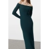 Women Fashion Stylish Maxi Length Carmen Collar Slim Plain Bodycone Fitted Flexible Knitted Dress