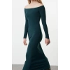 Women Fashion Stylish Maxi Length Carmen Collar Slim Plain Bodycone Fitted Flexible Knitted Dress