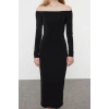 Women Fashion Stylish Maxi Length Carmen Collar Slim Plain Bodycone Fitted Flexible Knitted Dress