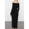 Women Fashion Stylish Maxi Length Carmen Collar Slim Plain Bodycone Fitted Flexible Knitted Dress