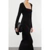 Women Fashion Stylish Midi Length Square Neck Fitted Plain Bodycone Stretchy Knitted Dress
