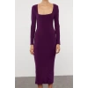 Women Fashion Stylish Midi Length Square Neck Fitted Plain Bodycone Stretchy Knitted Dress