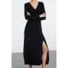 Kadın Moda Şık Maxi Boy V Yaka Fitted Düz Eteği Volanlı Skater Belden Açılan Esnek Örme Elbise
