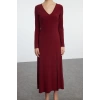 Kadın Moda Şık Maxi Boy V Yaka Fitted Düz Eteği Volanlı Skater Belden Açılan Esnek Örme Elbise