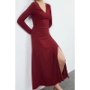 Kadın Moda Şık Maxi Boy V Yaka Fitted Düz Eteği Volanlı Skater Belden Açılan Esnek Örme Elbise