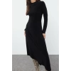 Kadın Moda Şık Maxi Boy Bisiklet Yaka Slim Düz Skater Belden Açılan Asimetrik Esnek Örme Elbise