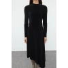 Kadın Moda Şık Maxi Boy Bisiklet Yaka Slim Düz Skater Belden Açılan Asimetrik Esnek Örme Elbise