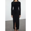 Women Fashion Stylish Maxi Length Crew Neck Slim Plain Fitted Draped Wrap Flexible Knitted Dress