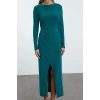 Women Fashion Stylish Maxi Length Crew Neck Slim Plain Fitted Draped Wrap Flexible Knitted Dress