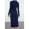 Womens Midi Length Double Breasted Slim Gathered Draped Detailed Fitted Long Sleeve Flexible Knitted Dress