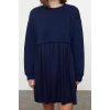 Womens Mini Length Crew Neck Relaxed Plain Woven Garni and Pleated Detailed A Cut Bell Shape Knitted Dress