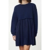 Womens Mini Length Crew Neck Relaxed Plain Woven Garni and Pleated Detailed A Cut Bell Shape Knitted Dress