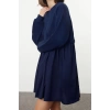 Womens Mini Length Crew Neck Relaxed Plain Woven Garni and Pleated Detailed A Cut Bell Shape Knitted Dress