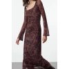 Women Fashion Stylish Maxi Length Square Neck Slim Animal Leopard Print Bodycone Fitted Knitted Dress