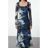Women Fashion Stylish Maxi Length Square Neck Slim Animal Leopard Print Bodycone Fitted Knitted Dress