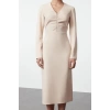Womens Fashion Stylish Midi Length V Neck Regular Body-hugging Zipper Detailed Woven Dress