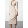 Womens Fashion Stylish Midi Length V Neck Regular Body-hugging Zipper Detailed Woven Dress