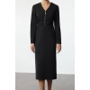 Womens Fashion Stylish Midi Length V Neck Regular Body-hugging Zipper Detailed Woven Dress