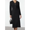 Womens Fashion Stylish Midi Length V Neck Regular Body-hugging Zipper Detailed Woven Dress